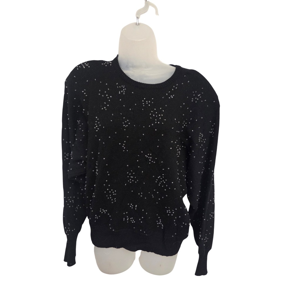 Ann Tjian for Kenar Vintage Black 100% Lambswool Hand Beaded Sweater Womens M